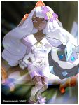  1girl ascot border carbink chair collarbone commentary dark-skinned_female dark_skin dress eyelashes fishnet_pantyhose fishnets gloves grey_hair grin highres holding holding_poke_ball jacinthe_(pokemon) long_hair looking_up luxury_ball mayotsunamayo pantyhose poke_ball pokemon pokemon_(creature) pokemon_legends:_z-a sitting smile teeth twitter_username white_border 