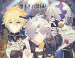  3boys ? absurdres antenna_hair armor belt black_background black_belt black_choker black_gloves black_robe black_sclera blonde_hair blue_cape blue_eyes blue_pupils bright_pupils cape chest_belt choker closed_mouth coat colored_sclera commentary_request covered_mouth cracked_skin diamond-shaped_pupils diamond_(shape) fingerless_gloves fingernails gauntlets gloves grey_eyes grey_hair hair_between_eyes hands_up highres honkai:_star_rail honkai_(series) hooded_robe long_hair_between_eyes long_sleeves looking_at_viewer male_focus mororo1357 multiple_boys multiple_persona one_eye_closed pale_skin pauldrons petals phainon_(flame_reaver)_(honkai:_star_rail) phainon_(honkai:_star_rail) phainon_(khaslana)_(honkai:_star_rail) robe shirt short_hair shoulder_armor single_gauntlet single_glove single_pauldron smile sparkle speech_bubble spoken_question_mark sukisugite_metsu!_(m!lk) sun_symbol symbol-shaped_pupils teeth upper_body white_coat white_pupils white_shirt yellow_eyes yellow_pupils 