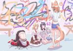  5girls 67_(meme) absurdres animal_ears barefoot blonde_hair blue_eyes cat_ears commentary crack cracked_floor cushion gawr_gura graffiti hair_ornament headphones highres hololive hololive_english holomyth in_trouble_template_(meme) meme mori_calliope multiple_girls necktie ninomae_ina'nis ninomae_ina'nis_(loungewear) official_alternate_costume pointy_ears purple_hair red_necktie seiza shirt short_hair sitting skirt tail takanashi_kiara takanashi_kiara_(casual) through_ground virtual_youtuber watson_amelia watson_amelia_(1st_costume) watson_amelia_(street_casual) white_shirt xu_chin-wen zabuton 