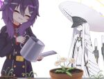  2girls ^_^ absurdres artist_name black_dress blue_archive blurry blurry_foreground breasts closed_eyes coat commentary daisy_(flower) dress flower hair_over_one_eye halo haruka_(blue_archive) hat highres holding holding_watering_can korean_commentary large_hat long_hair malkuth_(blue_archive) mensiah multiple_girls open_mouth peaked_cap plant potted_plant ptsd purple_hair simple_background small_breasts smile symbolism very_long_hair watering watering_can white_background white_coat white_flower white_hat yellow_halo 