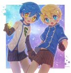  2boys black_gloves black_shorts blonde_hair blue_eyes blue_hair blue_shirt blush brown_gloves brown_shorts cytus gloves holding_hands male_focus meteo_(cytus) meteor_(cytus) multiple_boys open_mouth shirt shorts sleeveless sleeveless_shirt star_(symbol) striped_clothes striped_shorts ueiz vertical-striped_clothes vertical-striped_shorts white_shirt yellow_eyes 
