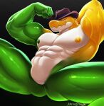  1boy abs absurdres arcanodraws artist_name ass bara biceps black_background closed_mouth commentary cowboy_hat crocodile_boy english_commentary flexing furry furry_male gummigoo hat highres male_focus muscular muscular_male navel nipples pectorals smile the_amazing_digital_circus 