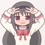  1girl akemi_homura arms_up bangs beige_background beige_vest black_hair blush bow bowtie collared_shirt commentary_request double_v eyebrows_visible_through_hair hair_between_eyes hair_ornament hairband long_hair long_sleeves mahou_shoujo_madoka_magica mitakihara_school_uniform no_nose outline purple_eyes purple_hairband red_bow red_outline school_uniform shirt sidelocks simple_background solo upper_body v vest wavy_mouth white_shirt yuno385 