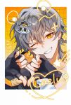  1boy absurdres black_gloves black_jacket blush border caelus_(honkai:_star_rail) character_name checkered_background collarbone commentary diamond-shaped_pupils diamond_(shape) english_text fingerless_gloves fingernails four-pointed_star gloves grey_hair hair_between_eyes hands_up heart heart_hands highres honkai:_star_rail honkai_(series) hood hooded_jacket jacket looking_at_viewer male_focus mask mask_on_head nanimonda notice_lines one_eye_closed open_clothes open_jacket portrait raccoon_mask shirt short_hair smile solo star_(symbol) supplicant_mask symbol-shaped_pupils t-shirt teeth trailblazer_(honkai:_star_rail) two-sided_fabric two-sided_jacket untranslatable_commentary white_border white_shirt yellow_background yellow_eyes yellow_jacket 