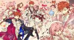  1girl black_suit blue_flower blue_necktie blush book bow breasts cherry_blossoms chinese_clothes commentary_request couple cow crosier dress emiya_shirou fate/stay_night fate_(series) feather_collar flower formal_clothes frills full_body groom hair_bow hair_bun hair_ornament high_heels highres jacket long_hair long_sleeves looking_at_viewer momomiya_shizuku_(gaoyue_jixiang) necktie oc_x_canon open_mouth orange_hair original paper pastels pink_eyes pink_hair pink_jacket prince princess qipao red_hair sheep skirt smile suit white_bow white_suit 