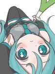  1girl arm_up armpits bare_shoulders black_skirt black_sleeves black_thighhighs blush closed_mouth collared_shirt commentary_request detached_sleeves double-parted_bangs food from_above frown green_eyes green_hair green_necktie grey_shirt hair_between_eyes hatsune_miku highres holding holding_food holding_spring_onion holding_vegetable long_hair long_sleeves looking_at_viewer miniskirt necktie pleated_skirt shirt simple_background sitting skirt sleeveless sleeveless_shirt solo spring_onion thighhighs tina_muchimu twintails vegetable very_long_hair vocaloid white_background zettai_ryouiki 