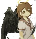  1girl angel_wings black_wings brown_eyes brown_hair commentary_request dress expressionless facing_viewer feathered_wings haibane_renmei halo highres ny4_3zk rakka_(haibane_renmei) school_uniform serafuku short_hair solo upper_body white_background white_dress wings 