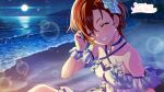  1girl ^_^ beach bikini blue_bikini blue_choker breasts card_commentary choker cleavage closed_eyes collarbone commentary_request earrings facing_viewer frilled_bikini frills full_moon game_asset grin hand_up idolmaster idolmaster_million_live! idolmaster_million_live!_theater_days jewelry julia_(ephemeral_ocean)_(idolmaster) julia_(idolmaster) light_blush medium_breasts moon night official_alternate_costume official_art outdoors palm_tree red_hair short_hair sitting smile solo swimsuit third-party_source tree water 