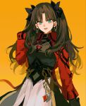  1girl black_gloves black_hair black_shirt breasts earrings fate/stay_night fate/unlimited_blade_works fate_(series) gem gloves highres honkai:_star_rail honkai_(series) hoop_earrings jacket jewelry k_7s large_breasts long_hair looking_at_viewer pendant red_gem red_jacket rin's_pendant_(fate) shirt skirt smile solo tohsaka_rin tohsaka_rin_(honkai:_star_rail) two_side_up white_skirt 