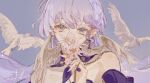  1girl ankii_illus aqua_eyes bare_shoulders bird blue_background commentary covering_own_mouth earrings eyelashes flower flower_over_mouth hand_up head_wings highres holding holding_flower honkai:_star_rail honkai_(series) jewelry light_blush long_hair looking_at_viewer purple_hair robin_(honkai:_star_rail) signature simple_background solo sparkle twitter_username untranslatable_commentary upper_body white_bird white_flower wings 