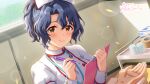  1girl 1other blue_hair blush brown_eyes card_commentary clipboard closed_mouth commentary_request day game_asset hat holding holding_clipboard holding_pen idolmaster idolmaster_million_live! idolmaster_million_live!_theater_days indoors looking_at_viewer nurse nurse_cap official_alternate_hairstyle official_art pen ponytail puffy_sleeves short_hair smile solo_focus third-party_source toyokawa_fuka 