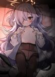  1girl animal_ears black_pantyhose blue_archive blush breasts commentary grey_hair hair_over_one_eye halo highres kanoe_(blue_archive) long_hair looking_at_viewer mamiyahara_hitoshige multicolored_eyes no_bra on_bed open_clothes open_shirt pale_skin panties panties_under_pantyhose pantyhose rabbit_ears see-through_clothes see-through_pantyhose shirt small_breasts smile thighband_pantyhose two-tone_eyes two_side_up underwear white_panties white_shirt 