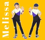  1girl absurdres baseball_cap black_pants blonde_hair breasts brown_eyes character_name commission commissioner_upload from_behind full_body grin hand_on_own_hip hat highres looking_at_viewer mango_(mgosketches) medium_breasts melissa_mona_(loneshadowstar) multiple_views non-web_source original pants purple_shoes shoes smile solo tomodachi_life tomodachi_life:_living_the_dream torn_clothes torn_pants v 