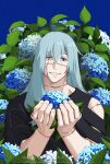  1boy absurdres blue_eyes blue_flower cursed_spirit_(jujutsu_kaisen) flower grey_eyes grey_hair heterochromia highres jujutsu_kaisen long_hair mahii_mahii mahito_(jujutsu_kaisen) solo stitched_arm stitched_face stitched_neck stitches 
