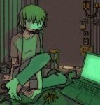  1girl androgynous barefoot cable computer door facing_viewer head-mounted_display highres hourglass keyring laptop lock on_floor original pants pantsu-ripper shirt short_hair solo t-shirt 