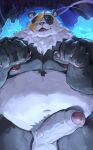  1boy absurdres animal_ears bara belly biceps black_fur chinese_commentary claws commentary_request completely_nude english_commentary english_text erection fangs fat fat_man foreskin furry furry_male ghost happy_halloween highres looking_down male_focus mixed-language_commentary multicolored_fur navel nipples nude ofuda open_mouth pan_yinhu panda_boy panda_ears paw_pose pawpads pectorals penis precum roganlin_denkon sweat testicles veins veiny_penis white_fur zenless_zone_zero 
