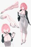  1girl absurdres alternate_costume ankle bag biguan_xiuxing_zhong black_choker black_sweater breasts chinese_commentary choker cleavage commentary_request dongtan_dress dress grey_dress handbag high_heels highres holding holding_bag holding_phone large_breasts legs looking_at_viewer mask mask_pull medium_hair mole mole_on_breast mouth_mask multiple_views nude phone pink_hair pointy_ears purple_eyes remielle_dan simple_background smile solo sweater zenless_zone_zero 