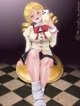  1girl artist_name blonde_hair blush bow bowtie breasts cellphone commentary_request drill_hair feet_out_of_frame hair_between_eyes hand_up highres holding holding_phone impossible_clothes impossible_shirt juliet_sleeves knee_up large_breasts legs long_sleeves looking_at_viewer loose_socks mahou_shoujo_madoka_magica mahou_shoujo_madoka_magica:_walpurgis_no_kaiten miniskirt mitakihara_school_uniform mukawa_mizuki nail_polish open_mouth phone plaid_clothes plaid_skirt puffy_sleeves red_bow red_bowtie ribbed_socks school_uniform selfie shirt sitting skirt smartphone socks solo tile_floor tiles tomoe_mami twin_drills twitter_username white_socks yellow_eyes 