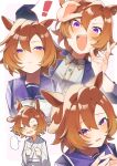  ! 1girl amano_(amano_miko) animal_ears blue_jacket blush bow bowtie brown_hair closed_eyes closed_mouth collared_shirt commentary_request hair_between_eyes highres horse_ears horse_girl jacket japanese_clothes kimono long_sleeves multicolored_hair open_clothes open_mouth orange_hair purple_eyes purple_sailor_collar purple_shirt sailor_collar sailor_shirt school_uniform shirt short_hair speech_bubble t.m._opera_o_(casual)_(umamusume) t.m._opera_o_(umamusume) teeth tracen_school_uniform umamusume upper_teeth_only white_bow white_bowtie white_kimono white_shirt winter_uniform 