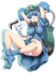  1girl arms_up backpack bag bandaid bandaid_on_nose black_gloves blue_eyes blue_hair blue_shirt blue_skirt blush boots breasts closed_mouth commentary_request crossed_ankles eyebrows_visible_through_hair full_body gloves green_headwear hair_bobbles hair_ornament hat kawashiro_nitori key large_breasts looking_at_viewer midriff_peek mouth_hold navel ootsuki_wataru panties puffy_short_sleeves puffy_sleeves shirt short_hair short_sleeves simple_background skirt smile solo technology touhou two_side_up underwear upskirt white_background 