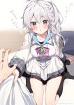  1girl 1other 9-nine- absurdres ahoge arm_behind_back belt black_socks blush bow bowtie braid breasts chestnut_mouth clothes_grab commentary_request dated dress foreshortening frilled_dress frills grabbing_another's_shirt green_ribbon grey_belt grey_hair hair_between_eyes hair_ribbon hakusen_academy_school_uniform happy_birthday highres indoors kneehighs knees_out_of_frame large_breasts long_hair long_sleeves looking_at_viewer niimi_sora no_shoes on_floor open_mouth outstretched_arm pink_bow pink_bowtie pov pov_hands purple_eyes ribbon school_uniform short_dress sidelocks single_braid sitting socks solo_focus sweatdrop takepoison thighs translation_request v-shaped_eyebrows wariza white_dress 