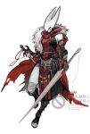  1girl absurdres artist_name cloak colored_skin commentary_request duckyora full_body fur-trimmed_cloak fur_trim highres holding holding_sword holding_weapon hollow_knight hollow_knight:_silksong hornet_(hollow_knight) korean_commentary needle_(hollow_knight) partial_humanization red_cloak scar scar_on_shoulder simple_background solo sword thread watermark weapon white_background white_skin 