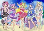  5girls absurdres ahoge aokaze_nana bare_shoulders barefoot blonde_hair blue_bow blue_dress blue_eyes blue_hair blush bow bracelet braid breasts bridal_gauntlets choker closed_mouth commentary_request cure_idol cure_kiss cure_kyunkyun cure_wink cure_zukyuun detached_sleeves double-parted_bangs dress earrings elbow_gloves eyelashes frilled_dress frilled_sleeves frills full_body gloves gradient_hair hair_between_eyes hair_bow hair_ornament hair_ribbon hairband headset heart heart-shaped_lock heart_hair_ornament highres jewelry kasakasako kimi_to_idol_precure long_hair looking_at_viewer magical_girl medium_breasts meroron_(precure) midriff multicolored_hair multiple_earrings multiple_girls multiple_hair_bows musical_note musical_note_hair_ornament navel ocean one_side_up open_mouth orange_eyes overskirt parted_bangs pearl_earrings pink_dress pink_eyes pink_hair pink_streaks plaid_bow plaid_clothes plaid_skirt ponytail precure purirun_(precure) purple_bridal_gauntlets purple_choker purple_eyes purple_hair purple_overskirt purple_skirt purple_streaks ribbon sakura_uta_(precure) shigure_kokoro short_sleeves sidelocks single_bare_shoulder skirt skirt_bow sleeveless sleeveless_dress smile strapless strapless_dress streaked_hair symbol-shaped_pupils tanaka_meron tanaka_purin twin_braids twintails two-tone_hair very_long_hair wavy_hair white_dress white_hairband white_sleeves yellow_eyes 