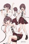  1girl black_nails black_shorts blue_eyes brown_hair commentary girls_band_cry hair_ornament half-skirt highres iseri_nina kuji_(orca9ji) low_twintails multiple_views open_mouth plaid_clothes plaid_skirt pleated_skirt red_skirt shikai_no_sumi_kuchiru_oto shirt short_hair short_twintails shorts shorts_under_skirt simple_background skirt twintails twitter_username unmoving_pattern white_background white_shirt x_hair_ornament 