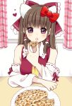  1girl :o animal_ears bare_shoulders blush bow breasts brown_hair cat_ears commentary_request curtains detached_sleeves eating food frilled_hair_tubes frills hair_bow hair_tubes hakurei_reimu heart highres holding holding_food indoors long_hair looking_at_viewer medium_breasts necktie open_mouth pie plaid purple_eyes red_bow red_vest solo stigma1101 table touhou upper_body vest window yellow_neckwear 
