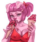  2019 aged_up anthro brazhnik breasts cleavage clothed clothing dessert domestic_pig eating female food food_fetish front_view hair holding_food holding_object ice_cream ice_cream_cone mammal nipple_outline peppa_pig peppa_pig_(character) pink_body pink_hair pink_skin solo suggestive suggestive_food suid suina sus_(pig) tongue tongue_out 