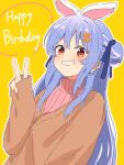  1girl alternate_costume ama_(ama_ekaku) animal_ears blue_hair blue_ribbon blush brown_cardigan cardigan carrot_hair_ornament commentary_request dot_nose double-parted_bangs double_bun earrings food-themed_hair_ornament grin hair_bun hair_ornament hair_ribbon hairclip happy_birthday highres hikimayu hololive jewelry long_hair looking_at_viewer orange_eyes outline parallel_hairclips pink_sweater rabbit-shaped_pupils rabbit_ears rabbit_girl ribbed_sweater ribbon short_eyebrows sidelocks sleeves_past_wrists smile solo sweater symbol-shaped_pupils thick_eyebrows tied_ears turtleneck turtleneck_sweater upper_body usada_pekora v virtual_youtuber white_outline yellow_background 