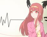  1girl akisan_(prsk_ak1) cardiogram closed_mouth commentary_request hairband idolmaster idolmaster_million_live! jacket long_hair looking_to_the_side pink_jacket red_eyes red_hair shirt solo string string_of_fate tanaka_kotoha turning_head upper_body white_background yellow_hairband yellow_shirt 