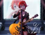 1girl artist_name black_collar black_jacket black_shorts blue_eyes breasts collar commentary_request concert cropped_jacket electric_guitar facial_mark gen_(renoir1124) gibson_les_paul guitar hair_ornament highres holding holding_guitar holding_instrument idolmaster idolmaster_million_live! idolmaster_million_live!_theater_days instrument jacket julia_(idolmaster) julia_(meteor_bright_star)_(idolmaster) looking_at_viewer medium_breasts microphone microphone_stand o-ring_collar official_alternate_costume open_clothes open_jacket overskirt print_sports_bra red_hair red_sports_bra screen_zoom short_hair shorts solo sports_bra standing star_(symbol) star_facial_mark star_hair_ornament star_print 