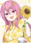  1girl :d alternate_hairstyle binsen blush commentary_request floral_print floral_print_kimono flower hair_down hair_flower hair_ornament highres holding holding_flower idolmaster idolmaster_million_live! japanese_clothes kimono long_hair looking_at_viewer maihama_ayumu open_mouth pink_eyes pink_hair print_kimono smile solo sunflower upper_body yellow_kimono 