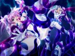  2girls arm_up blonde_hair blue_eyes blue_skirt boots breasts cleavage clothing_cutout cool_seven detached_sleeves from_below funnels_(gundam) game_asset gem gloves grabbed_by_tentacles green_eyes green_gem headgear highleg highleg_leotard knee_boots kue_nanaka leotard lightning long_hair looking_back magical_girl medium_breasts mikoshi_matsuri multiple_girls navel nega0 negative_zero non-web_source official_art one_eye_closed open_mouth outstretched_arm pink_hair pink_skirt revealing_clothes shirt short_hair showgirl_skirt skirt sky spread_legs tentacles thigh_boots twintails very_long_hair white_boots white_gloves white_leotard yumeno_reiko 