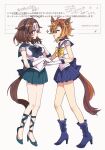  2girls ahoge animal_ears aqua_skirt bishoujo_senshi_sailor_moon black_gloves blue_boots blue_bow blue_choker blue_sailor_collar blue_skirt blush boots bow breasts brown_hair choker commentary_request cosplay ear_ribbon gloves hair_between_eyes hairband headband high_heel_boots high_heels highres horse_ears horse_girl horse_tail jewelry large_breasts looking_at_another magical_girl meisho_doto_(umamusume) multicolored_hair multiple_girls open_mouth orange_hair orange_tail pink_hairband pink_headband pleated_skirt purple_eyes request_inset sailor_collar sailor_neptune sailor_neptune_(cosplay) sailor_senshi sailor_senshi_uniform sailor_shirt sailor_uranus sailor_uranus_(cosplay) shirt short_hair short_sleeves skirt small_breasts smile t.m._opera_o_(umamusume) tail translation_request two-tone_hair umamusume white_gloves white_hair white_shirt yellow_bow yoka yuri zig-zag_part 