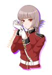  1girl bangs belt braid braided_ponytail breasts character_name closed_mouth english_text fate/grand_order fate_(series) florence_nightingale_(fate) glove_pull gloves highres jacket large_breasts long_hair long_sleeves looking_at_viewer military military_uniform pink_hair red_eyes red_jacket sirius_kae solo uniform white_background white_gloves 