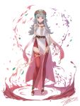  1girl absurdres arm_behind_back bangs choker expressionless eyebrows_visible_through_hair fire_emblem fire_emblem_heroes flower full_body gold_trim grey_hair hair_flower hair_ornament highres long_hair looking_at_viewer obsession official_alternate_costume red_eyes red_legwear sandals thighhighs toes veronica_(fire_emblem) white_background 