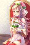  1girl bangs bare_shoulders chair choker eyebrows_visible_through_hair fire_emblem fire_emblem_heroes flower flower_pot grey_hair hair_flower hair_ornament headpiece highres holding holding_flower indoors long_hair looking_at_viewer official_alternate_costume red_eyes riou_(pooh920) sitting thighhighs veronica_(fire_emblem) wall 