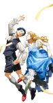  1boy 1girl absurdres arm_up ascot black_shoes black_shorts black_vest blonde_hair blue_dress commentary_request dress erina_pendleton happy highres holding_hands jojo_no_kimyou_na_bouken jonathan_joestar juliet_sleeves korean_commentary laughing long_sleeves open_mouth phantom_blood puffy_sleeves red_shoes shoes shorts simple_background streamers usolging vest white_ascot white_background 