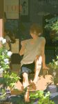  1boy animal arm_support arm_up bare_shoulders barefoot black_shorts bottle brown_hair calico_(pattern) calico_cat cat commentary_request double-parted_bangs flower hair_between_eyes holding holding_bottle jiyun0805 leaf male_focus original outdoors plant porch sample_watermark short_hair shorts shouji sitting sliding_doors solo table tank_top watermark white_flower white_tank_top 