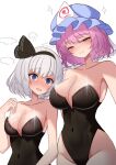  absurdres alternate_breast_size_(larger) alternate_costume bare_shoulders black_hairband black_leotard blue_eyes blush breasts cleavage commentary_request covered_navel embarrassed hair_between_eyes hair_ribbon hairband half-closed_eyes hat highleg highleg_leotard highres konpaku_youmu leotard looking_at_viewer mob_cap multiple_girls open_mouth pink_eyes pink_hair ribbon ring_light_reflection saigyouji_yuyuko short_hair smile smug strapless strapless_leotard tofuandsoup touhou triangular_headpiece white_hair 