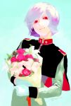  1boy blue_hair bob_cut bouquet capelet closed_mouth garma_zabi gloves gundam high_collar holding holding_bouquet long_sleeves looking_at_viewer male_focus medium_hair military_dress_uniform military_uniform mobile_suit_gundam shoulder_boards smile solo white_gloves zawabug zeon 