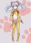  1girl animal_costume animal_ears bangs bell cat_costume cat_ears cat_tail commentary_request eyebrows_visible_through_hair fake_animal_ears full_body grey_background hair_between_eyes hair_bobbles hair_ornament hairband highres hoshino_ruri jingle_bell kidou_senkan_nadesico looking_at_viewer neck_bell open_mouth paw_print paw_print_background silver_hair simple_background sody solo tail twintails yellow_eyes 