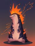  commentary fang fire full_body fusion gen_2_pokemon gen_8_pokemon highres looking_at_viewer no_humans open_mouth pokemon pokemon_(creature) red_eyes scarvii solo standing toxtricity typhlosion 