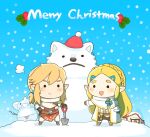  1boy 1girl atomaru belt black_eyes blonde_hair blue_sky braid brown_belt brown_gloves capelet chibi chibi_only full_body gloves hair_ornament hairclip link merry_christmas moblin pointy_ears princess_zelda shovel sidelocks sky snow snowing the_legend_of_zelda the_legend_of_zelda:_breath_of_the_wild white_capelet winter wolf_link 