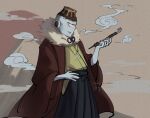  1boy colored_skin commentary cursed_spirit_(jujutsu_kaisen) cyclops english_commentary highres holding holding_smoking_pipe japanese_clothes jogo_(jujutsu_kaisen) jujutsu_kaisen mahii_mahii mountain one-eyed red_eyes smoking_pipe solo volcano 