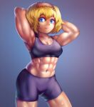  1boy abs alice_margatroid alternate_costume armpits bangs bike_shorts blonde_hair blue_eyes breasts closed_mouth commentary contrapposto cookie_(touhou) cowboy_shot frilled_hairband frills hairband looking_at_viewer medium_breasts muscular muscular_female navel pink_hairband purple_shorts purple_sports_bra sakuranbou_(cookie) short_hair shorts smile solo sports_bra sweat touhou yilx 