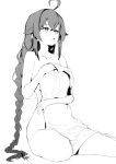  1girl a_shika ahoge arm_support blush braid breasts collarbone commentary greyscale highres holding holding_towel long_hair monochrome mushoku_tensei naked_towel open_mouth roxy_migurdia simple_background single_braid sitting solo thighs towel untranslatable_commentary white_background 