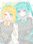  2girls alternate_costume aqua_eyes aqua_hair aqua_necktie blonde_hair bow breasts commentary_request grey_sweater_vest hair_bow hair_ornament hairclip hatsune_miku heart highres index_finger_raised kagamine_rin locked_arms long_hair looking_at_viewer multiple_girls necktie one_eye_closed orkaj_93 parallel_hairclips shirt short_hair small_breasts sweater_vest twintails vocaloid white_shirt yellow_necktie 